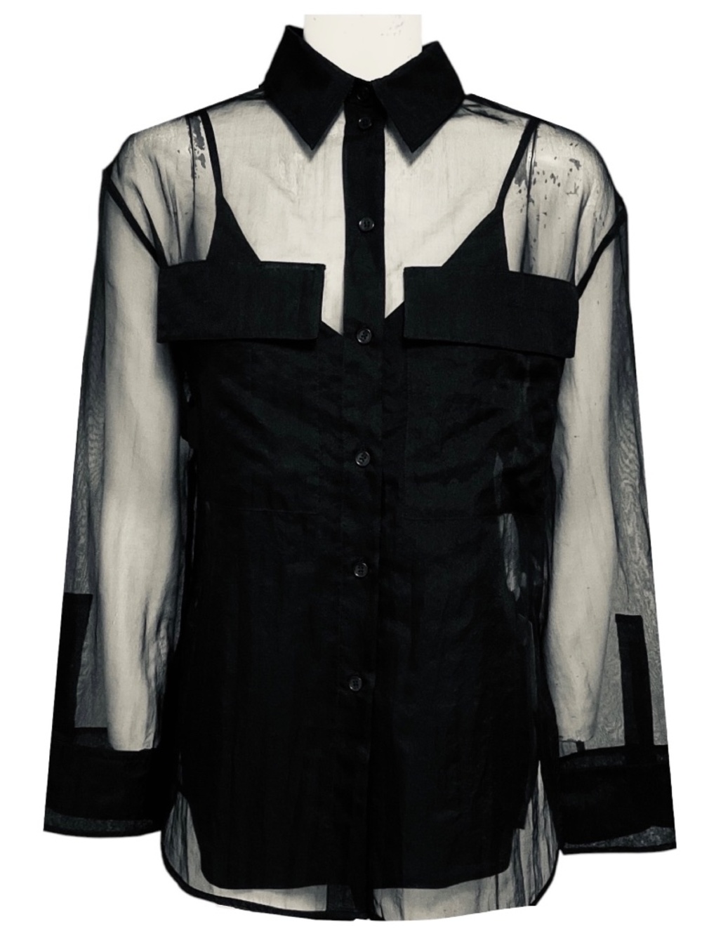 MARIA CHER BLACK SHEER LONG SLEEVED BUTTON FRONT KAY SHIRT / BLOUSE
